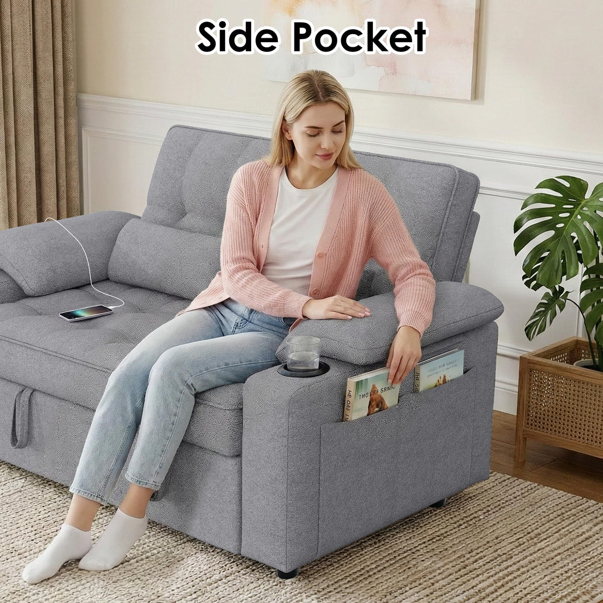 tiramisubest 58'' Convertible Sofa Bed with USB Charger and Cup Holders, Teddy Fabric Loveseat Pull Out Couch with Adjustable Backrest and Side Pocket for Small Space(Grey)
