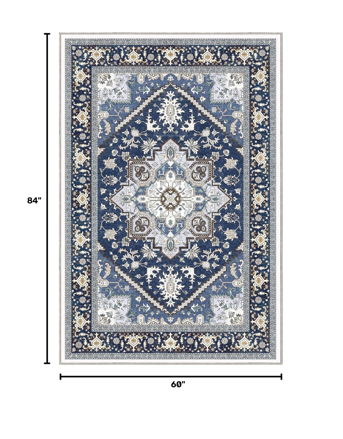 OPPODREAM Soft Area Rugs 5x7, Persian-Inspired Washable Rug, Blue & Gold