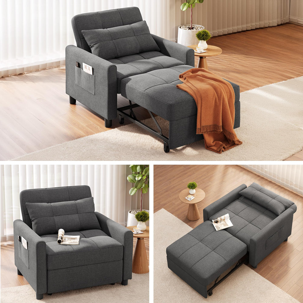 Ahomly Convertible Sofa Chair Bed, 3-in-1 Linen Pull Out Chair, Dark Gray