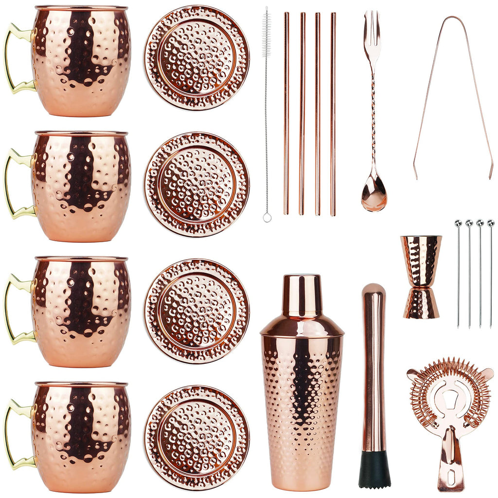 [Gift Set] PG Ultimate Moscow Mule SS Copper Plated Set 25PC | 3pc Cocktail Shaker, 4X Mugs, 4X Straws, 4X Cocktail Picks, Straw Cleaner, 4X Coaster, Strainer, Tongs, Muddler, Jigger, Stirrer