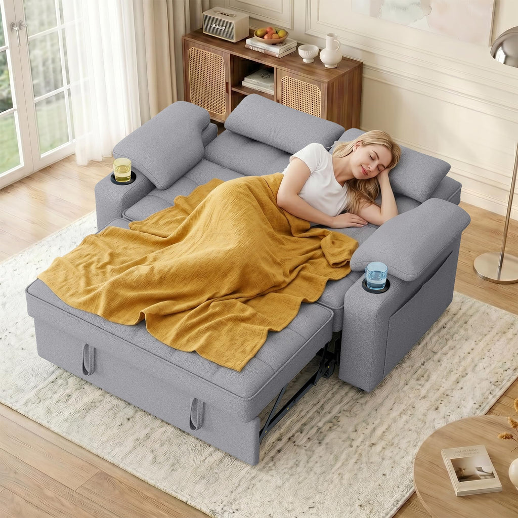 tiramisubest 58'' Convertible Sofa Bed with USB Charger and Cup Holders, Teddy Fabric Loveseat Pull Out Couch with Adjustable Backrest and Side Pocket for Small Space(Grey)