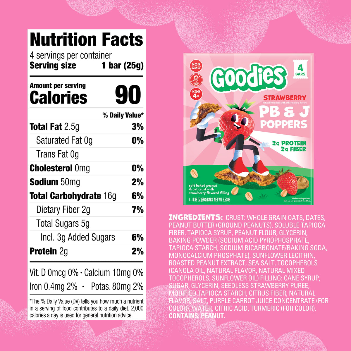 Goodies Strawberry PB&J Poppers, Soft Baked Kids Snack Bars, 24 Bars