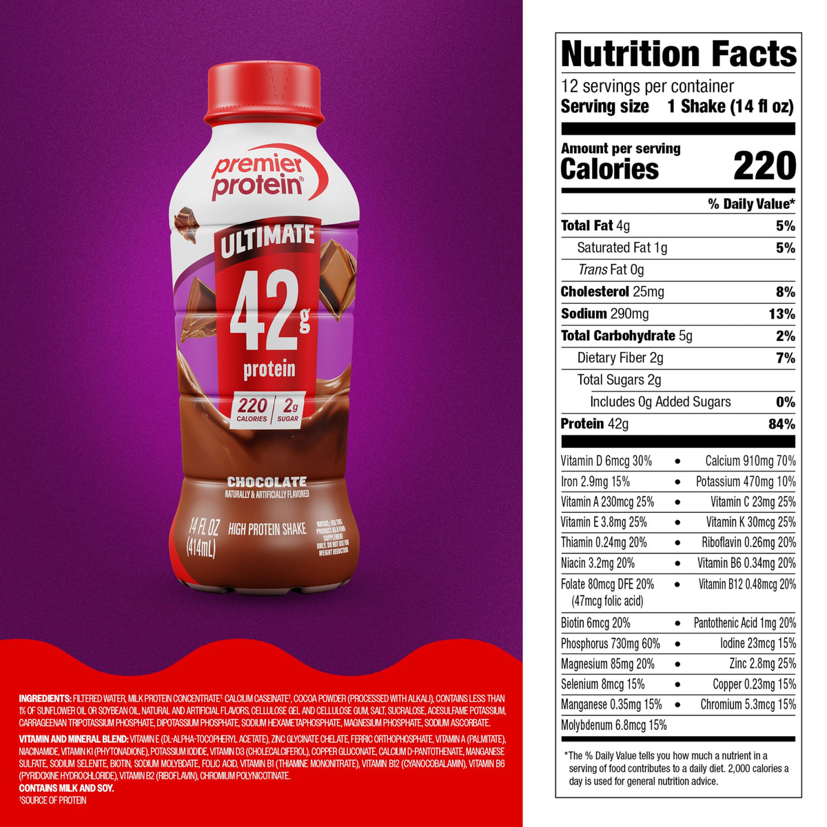 Premier Protein ULTIMATE 42g High Protein Shake, Chocolate, 12 Pack