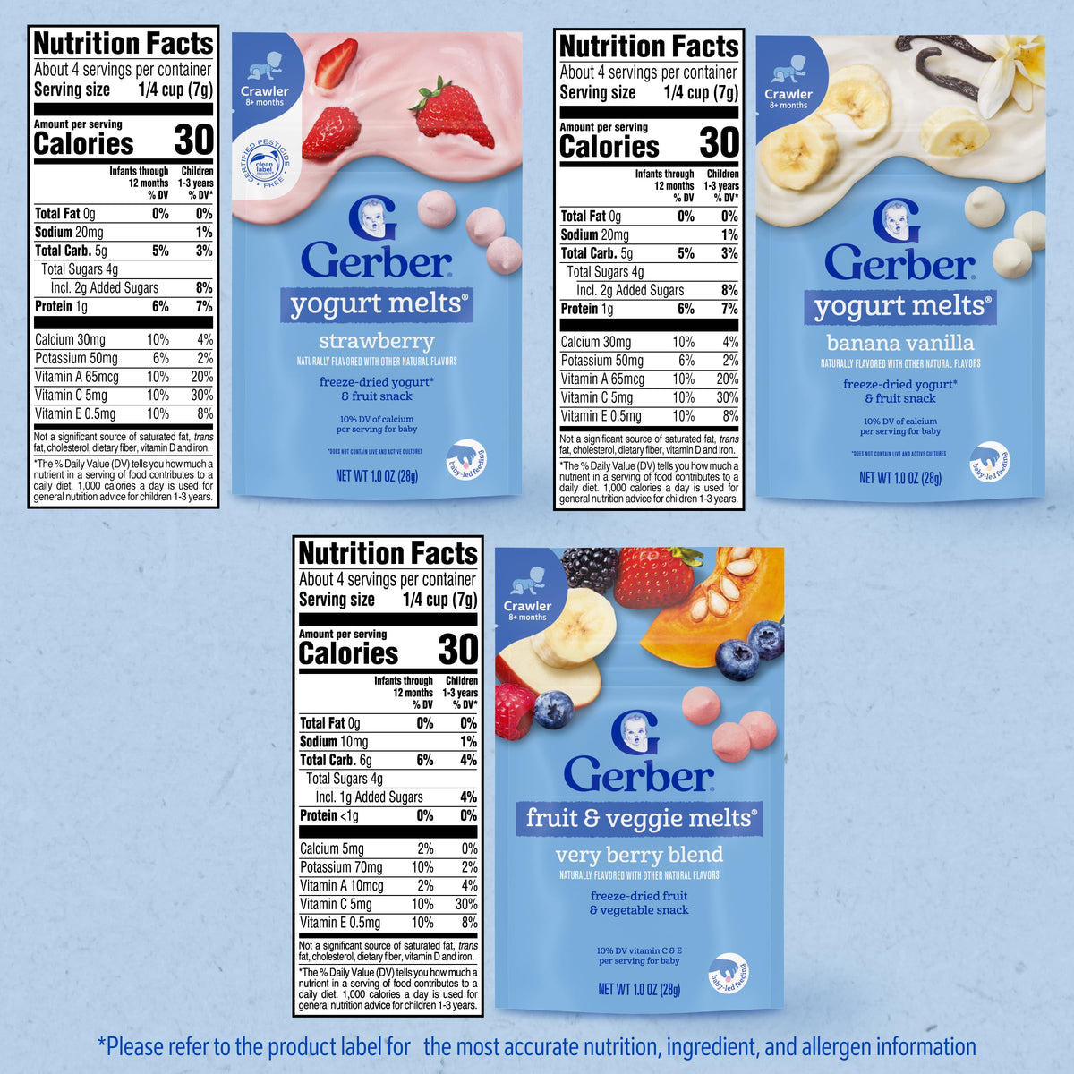 Gerber Stage 3 Baby Food Snacks, Strawberry, Banana Vanilla Yogurt Melts, Very Berry Fruit and Veggie Melts, Baby Led Feeding, 8-Pack