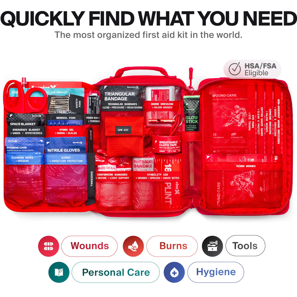 SurviveX Large First Aid Kit, Emergency Kit for 3-4 People