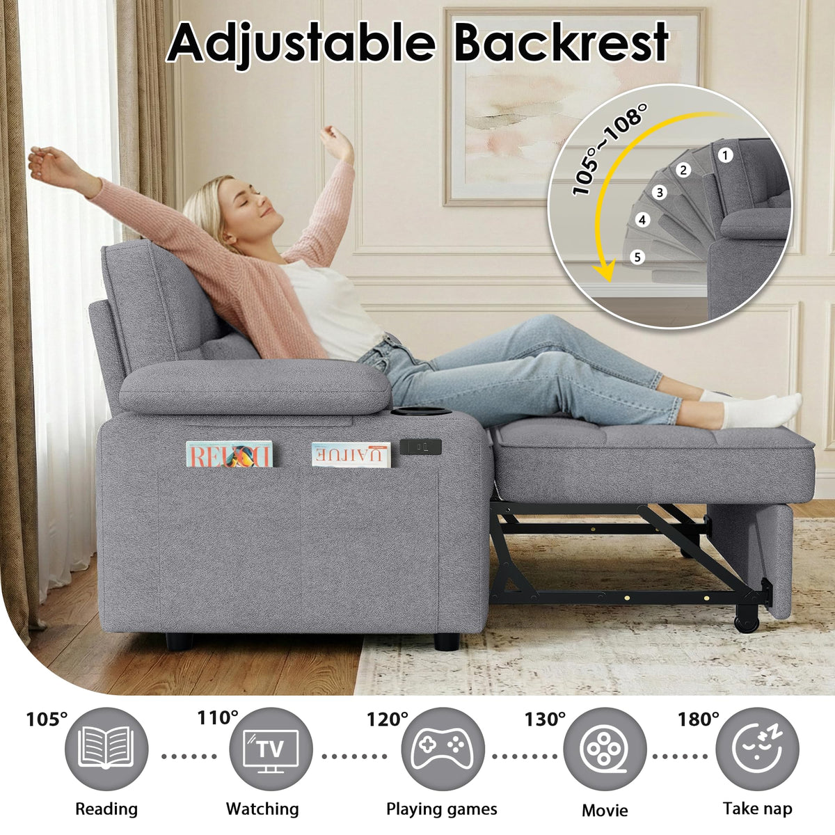 tiramisubest 58'' Convertible Sofa Bed with USB Charger and Cup Holders, Teddy Fabric Loveseat Pull Out Couch with Adjustable Backrest and Side Pocket for Small Space(Grey)