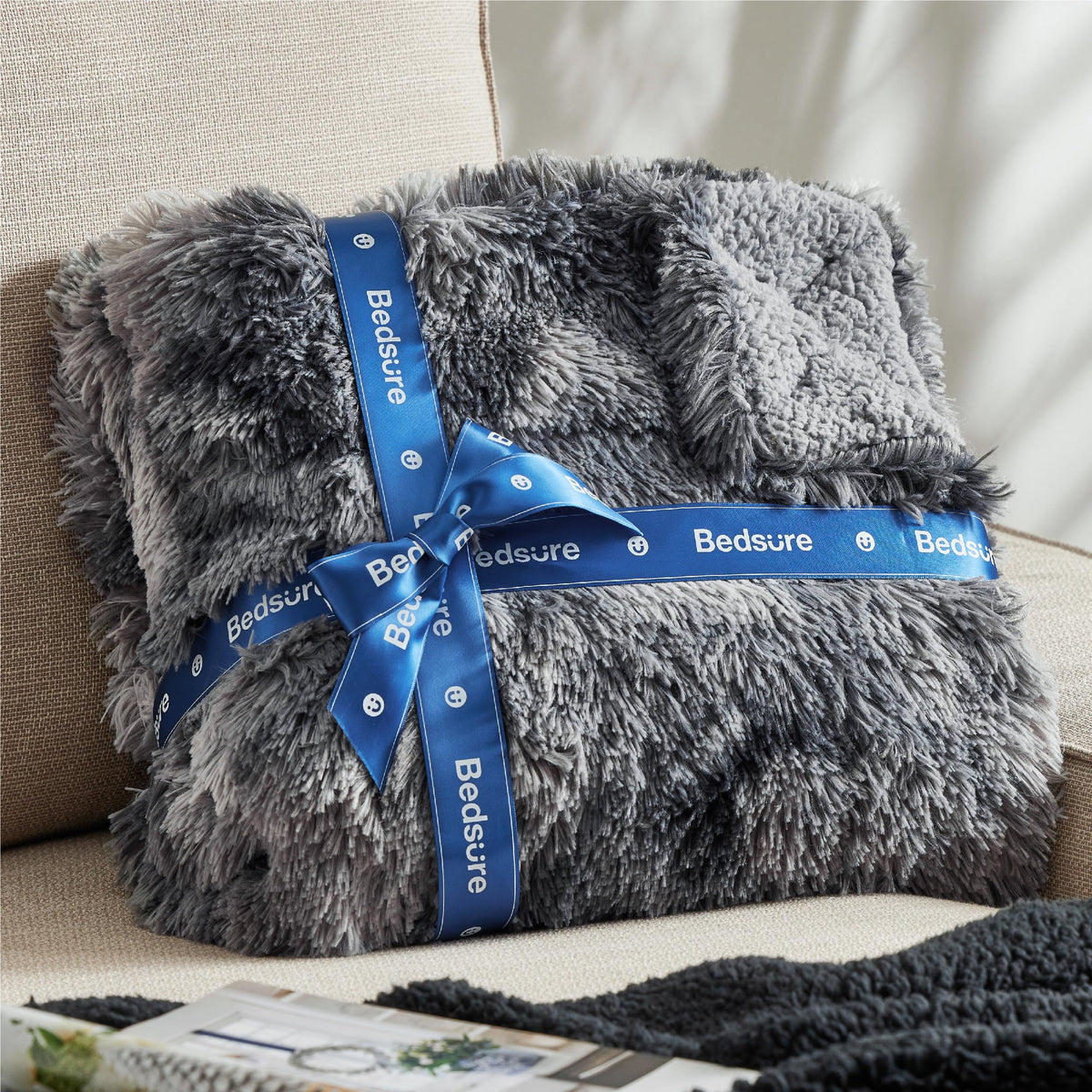 Bedsure Faux Fur Fluffy Fleece Sherpa Blanket Couch Throw Grey 50"x60"